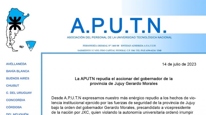 La APUTN repudia el accionar del gobernador de la provincia de Jujuy Gerardo Morales