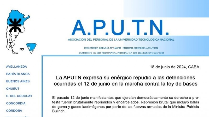 Compartimos comunicado: La APUTN expresa su enérgico repudio a las detenciones ocurridas el 12 de junio en la marcha contra la Ley de Bases